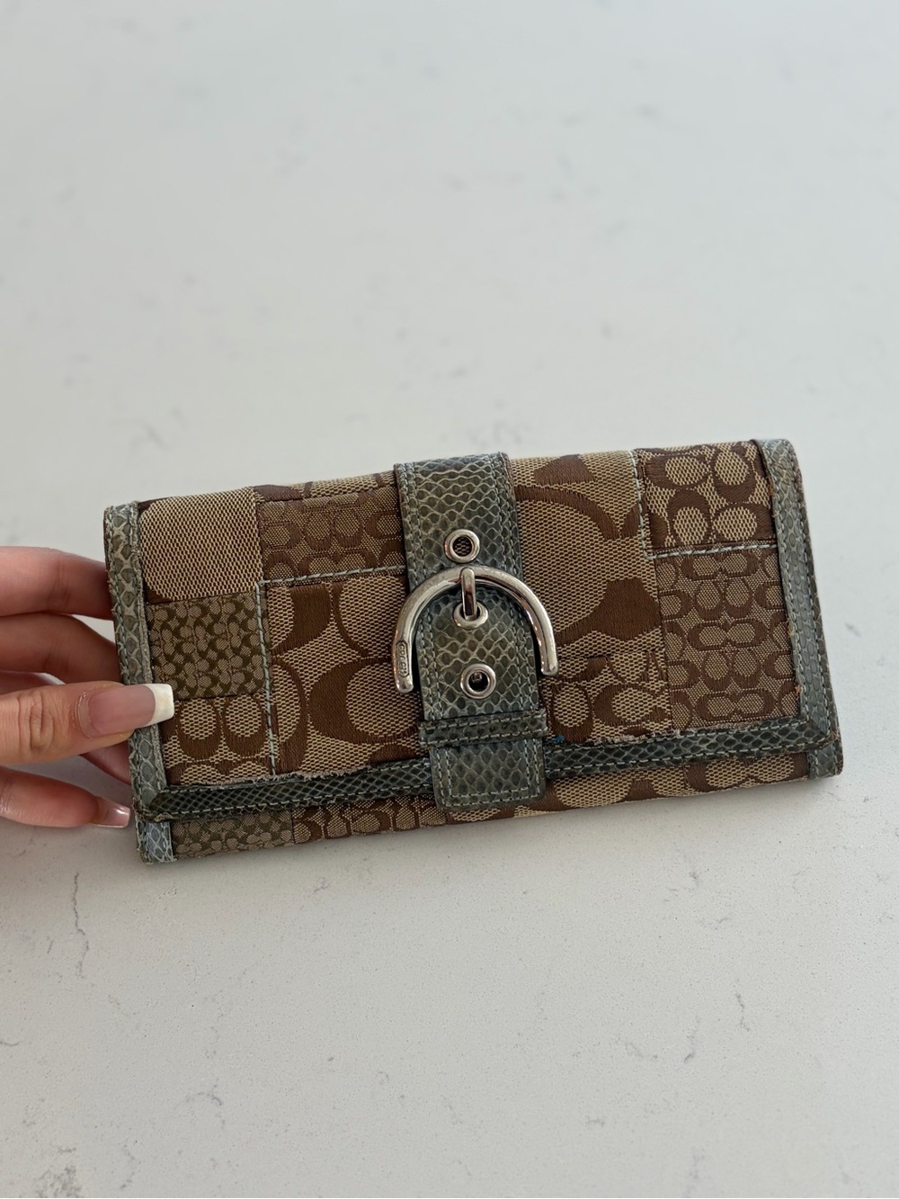 Coach Patchwork Signature Wallet Brown Blue Snakeskin Trim Checkbook Wallet